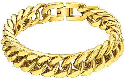 ChainsHouse Mens Bracelet Cuban Chain Gold Plated Stainless Steel Bracelets Chunky Curb Link Chains for Men Women 12mm 21cm