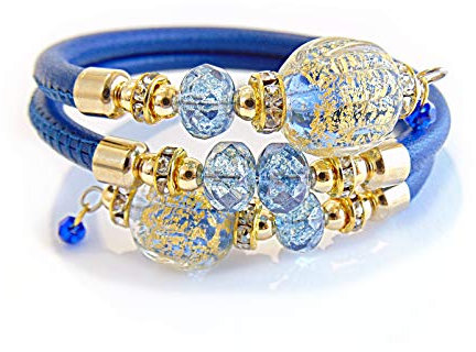 VENEZIA CLASSICA - Bracelet pour femme avec Perles en Verre de Murano original et cuir véritable Toscane, collection Diana, modèle Contrarie, avec feuille en or 24 carats, fabriqué en Italie