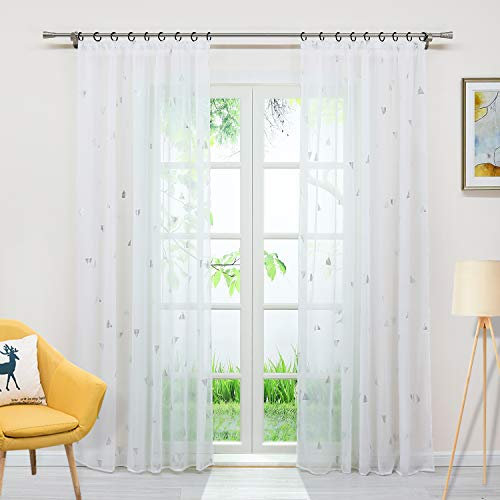 Delien Voile Gardine mit silberfarbenen Dreiecken Druck transparenter Vorhang mit Kräuselband Wohnzimmer Gardinenschals BxH 140x245cm Weiß 1 Stück