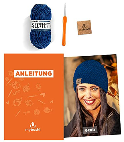 myboshi Häkelset Mütze Gero, inkl. Samt Wolle, Nadel und Anleitung, Häkelpaket, 100% Chenille-Garn Pfau - Blau, mit Häkelnadel