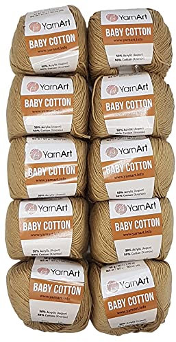 10 x 50g Strickwolle YarnArt Baby Cotton mit 50% Baumwolle, 500 Gramm Wolle einfarbig (beige 405)