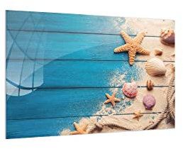 ALLboards Glas Magnettafel MUSCHELN BLAUES HOLZ SAND SEIL 60x40cm Glasbild Memoboard aus Glas Glastafel mit Motiv Magnetwand zum Beschriften Magnetische Tafel Wanddekoration Wandbild