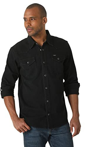 Wrangler Men's Iconic Regular Fit Snap Shirt Button, Black Denim, Large