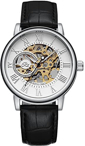 RORIOS Relojes Hombre Reloj Mecánico Automático Relojes Luminoso con Correa de Cuero Esqueleto Dial Reloj de Pulsera