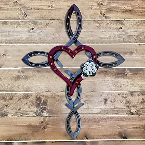 USMEI Metall Hufeisen Kreuz mit Herz, Wandkunst Dekoration für Terrasse & Garten
