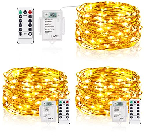 Vacoulery Luci Led a Batteria, 5M 50 LEDs 8 Modalità Lucine led Decorative IP65 Impermeabile con Telecomando, Timer e Dimmer per Interni e Esterni, Natale, Feste, Matrimonio (3 Pezzi, Bianco Caldo)