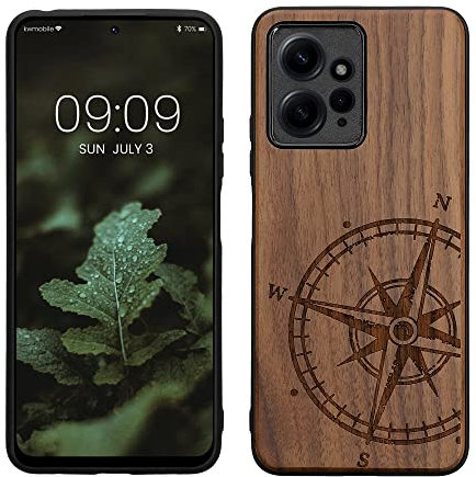 kwmobile Hülle kompatibel mit Xiaomi Redmi Note 12 (4G) Hülle - Holz Case - Handy Cover - TPU Handyhülle in Dunkelbraun Kompass Vintage