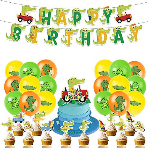 ZOOMPIL Birthday Decoration with Crocodile Motif, Krokodil-Geburtstagsfeierdekorationen, Cake Topper, Cupcake Topper Balloons, Krokodil Geeignet Party Decorations For Kids and Adults, 34pcs