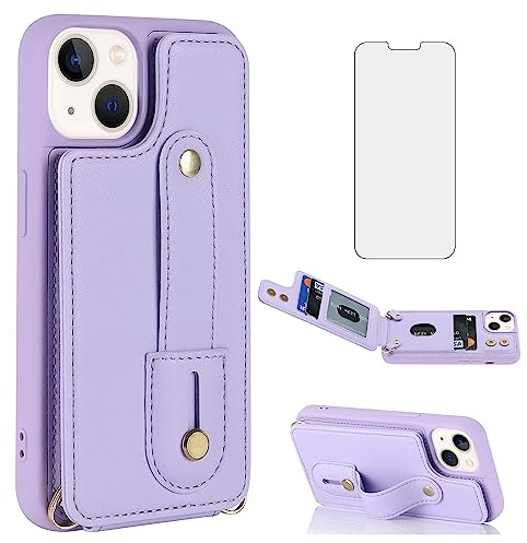 Asuwish Phone Case for iPhone 13/14 6.1 inch Wallet Cover with Screen Protector and RFID Blocking Credit Card Holder Crossbody Strap Lanyard Cell iPhone13 iPhone14 5G i i-Phone i13 i14 Women Purple