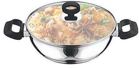 Vinod Stainless Steel Induction Base Deluxe Kadai Wok Frypan with Glass Lid Food Serving Hot Dishes (22cm, 2.4 Litre)