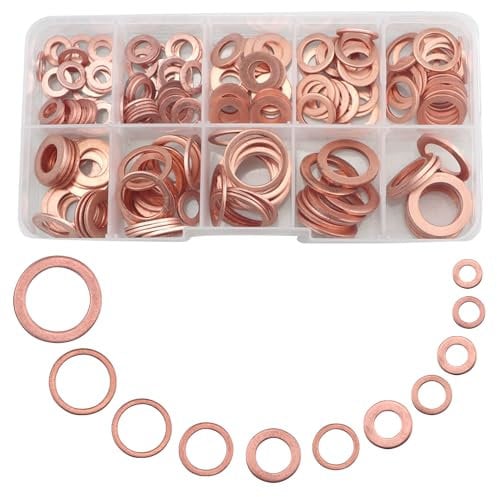 Kit di rondelle in rame assortite, 255 pezzi, 11 misure piatte per viti e bulloni, guarnizioni di tenuta in rame per tappo coppa (M5/6/8/10/12/14/16/20)