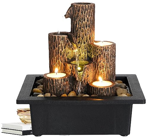 Tuzsocr Fontaine à eau électrique de bureau,Fontaine d’Intérieur Cascade 4 Niveaux Jarre Effet Pierre,Décor Zen en Résine,avec Lumières LED Ornements d'eau Courante de Fontaine pour Le Bureau(Style 2)