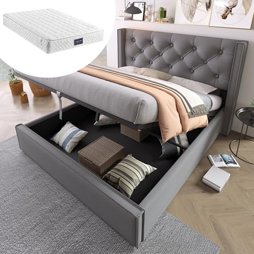 Kayan Hydraulisch Doppelbett Polsterbett 140x200cm, Bett mit Lattenrost aus Metallrahmen, Modernes Bettgestell mit Stauraum, Baumwolle (140x200cm(Mit Matratze), Grau)