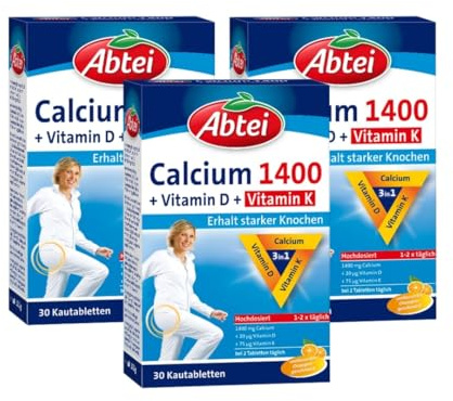 Abtei Calcium 1400 + D + K - hochdosiert - Mit Vitamin D und Vitamin K - Zum Erhalt gesunder Knochen und Muskelfuktion - Orangengeschmack, 30 Kautabletten (Packung mit 3)