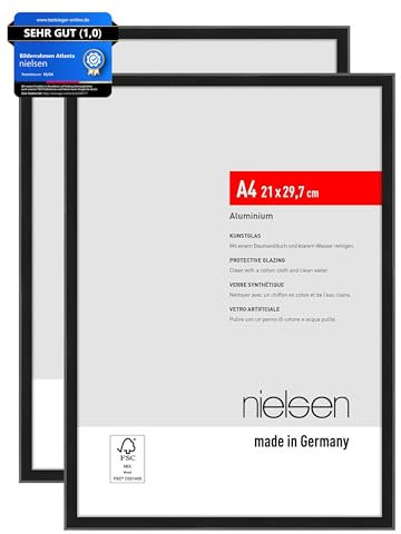 nielsen Bilderrahmen, 21 x 29,7 cm (A4) (2er Set), Aluminium, Schwarz matt, Dokumentenrahmen zum Aufhängen im Hoch- & Querformat, bruchsicheres Kunstglas, Atlanta