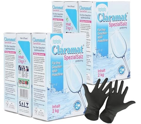 Claramat Spezial Salz 6 x 2 kg (12 kg) Spülmaschinensalz Regeneriersalz Wasserenthärteranlagen Geschirrspülmaschine inklusiv 1 Paar ARNOMED Einweghandschuh