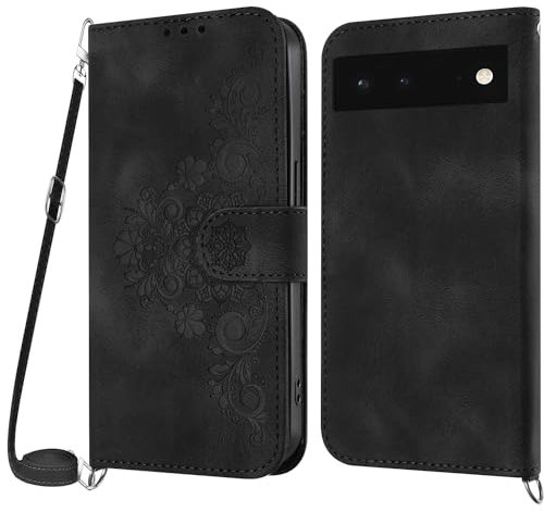 Netany Coque pour Google Pixel 6 avec Cordon, Etui pour Google Pixel 6 avec Cordon Collier, Cuir Flip Portefeuille Étui en Cuir, Housse Case Etui avec [Bandoulière Réglable] Lanyard Case Cover (Noir)