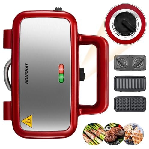 HOUSNAT Gaufrier 3 in 1, Appareil à Croque Monsieur avec Contrôle de Température à 5 Vitesses, Pour Gaufres Belges, Revêtement Antiadhésif, Parfait pour le Petit Déjeuner, Rouge