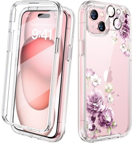 Diaclara Designed for iPhone 15 phone Case, Full Body Rugged Case with Built-in Touch Sensitive Anti-Scratch Screen Protector, with Camera Lens Protector for iPhone 15 6.1 (Clear Peony)