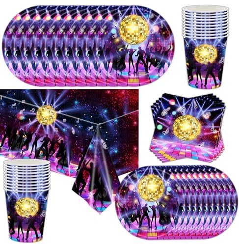 Shamoparty Lot de 61 décorations disco pour fête de 80 et 90 avec assiettes de 22,9 cm, gobelets, serviettes et grandes nappes - Décoration de table disco - Décoration de table