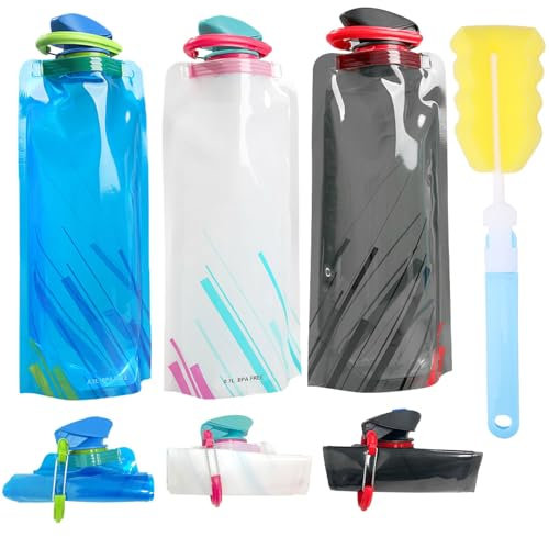 TAKUZA Faltbare Trinkflasche 3 Stück, Unisex Adult 700ml Trinkflasche Faltbar, Festival Trinkflasche, Faltbare Wasserflasche Wiederverwendbare, Mit Abnehmbarer Reinigungsbürste, für Festival, Wandern