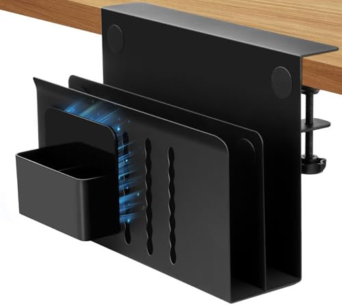 QLoztyse Hängender seitlicher Schreibtisch Organizer - Keine Bohrmontage, Karbonstahl unter dem Schreibtisch, Laptop Halter, 2 stufiges Tisch Aufbewahrungsregal zum Anklemmen für Büro und Zuhause