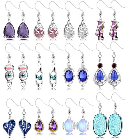 Adramata 12 Paar Tropfen Ohrringe Set für Damen Mädchen Edelstahl Kristall Ohrringe Hängend Mondstein Herz Baumeln Ohrring Schmuck Vintage Ohrring Set Geschenke für Mädchen
