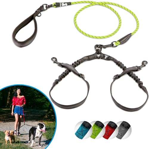 SparklyPets Dual Dog Leash for 2 Small Dogs – Tangle Free Rope Bungee Double Leash for Two Small Breeds with Adjustable Couplers & Soft Handle (Green, S)