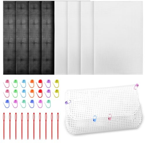8 Hojas Plastic Canvas 6CT Malla Plastico Manualidades para Hacer Bolso Lienzo de Bordado Tela Crochet Punto de Cruz a Mano Proyectos de Ganchillo (30 * 20cm,Blanca y Negra)