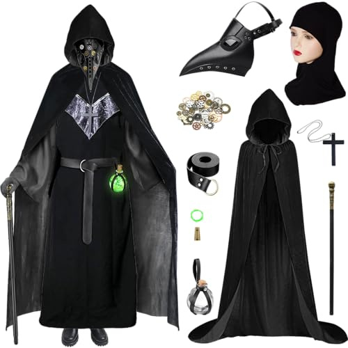 Dhnvcud Pestdoktor Halloween-Kostüm, 8 in 1 Pestarzt-Masken-Set, Halloween-Kostüme mit Kapuzenumhang, Kopfbedeckung, Trankflasche, Gürtel, Gehstock, Metall-Steampunk-Getriebe, Kreuz-Halskette