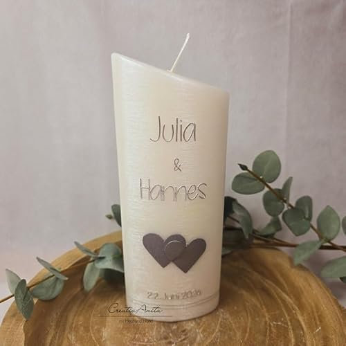 Hochzeitskerze Perlmutt geriffelt - Ellipse abgeschrägt mit Herzen - SILBER