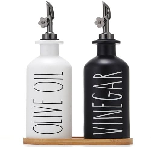 HOMCDALY Premium Olive Oil Dispenser for Kitchen, 11.8oz Glass Oil Bottles with Bamboo Tray, Oil&Vinegar Cruet Set, Kitchen Dispenser Bottles with Pourer | Set of 2 (11.8oz –P–Black&White)