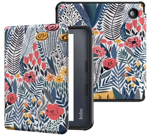 MoKo Coque pour Kobo Libra Colour 7 Pouces 2024, Étui de Protection Souple TPU Ultra-Mince et Léger Anti-Rayures avec Réveil/Sommeil Automatique pour Kobo Libra Colour Tablette 2024, Fleuron à Bleues