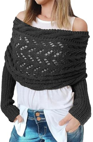 SGQTZDZQ Scarf with Sleeves，Winter Long Soft Warm Shawls and Wraps for Women, Ladies Warm Sweater Scarf with Sleeves for Bridal Wedding and Evening Party. (knitting, black)