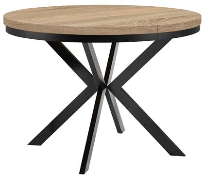 Dekori Möbel Runder Ausziehbarer Tisch für Esszimmer ENDO mit Ring-Gestell und Metallbeinen, Durchmesser Varianten von : 90 bis 220 cm (Eiche Sonoma/Schwarz, 120/220 cm)