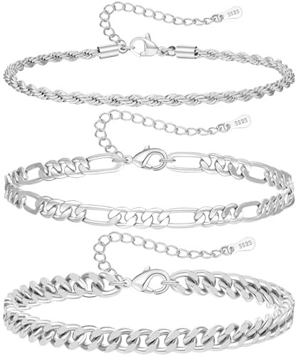 MUCCA Mens Bracelets Adjustable Sterling Silver Bracelet S925 Bracelet for Men Stackable Cuban Link Figaro Rope Paperclip Silver Bracelet Set Birthday Gifts for Men