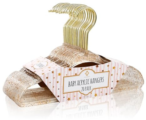 Concepts Paquete de 20 perchas acrílicas de alta resistencia con purpurina dorada para niños, elegantes para la habitación del bebé, ahorran espacio, antideslizantes, con gancho cromado