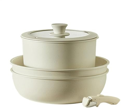 Juego de ollas antiadherentes, juego de sartenes seguras, juego de sartenes antiadherentes, sartenes blancas crema, utensilios de cocina con mango desmontable, juego de sartenes con mango desmontable