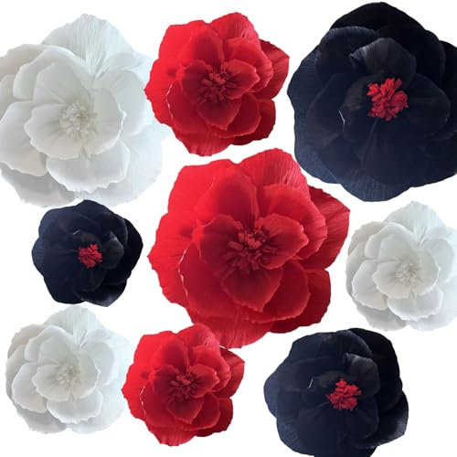 SZHUIHER Krepp Papier Blumen Dekoration für Wand Insgesamt 9 Pcs, Künstliche Blumen für Hochzeit Blume Hintergrund Dekor, Baby Braut Dusche Geburtstagsparty, Rot Schwarz Weiß 3D Wand Blumen Dekor