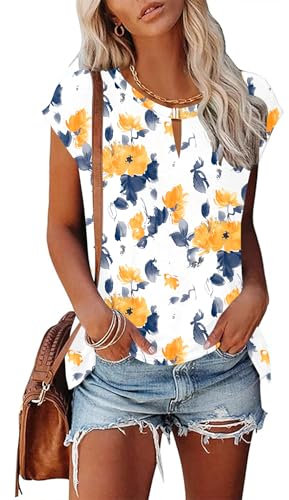 Rapbin Women Tops Summer V Neck T-Shirts for Women UK Cap Sleeve Tank Tops Loose Fit Ladies Floral Printed Tunic Shirt White with Yellow Print L