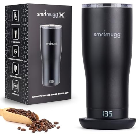 SMRTMUGG X Heated Coffee Mug 19 oz., 8 Hour Battery Life, Self-Heating, Adjustable Temp Controlled, LCD Screen, One Button Temperature Adjustment, Includes Cover with Magnetic Slider (Black) (Black)