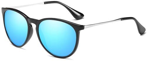 CIKJUK Sonnenbrille Kinder Jungen Mädchen Polarisiert Metallrahmen Verspiegelt Rund Kinder Sonnenbrillen 4-12 Jahre UV400 Schutz-Schwarz/Blau Verspiegelt