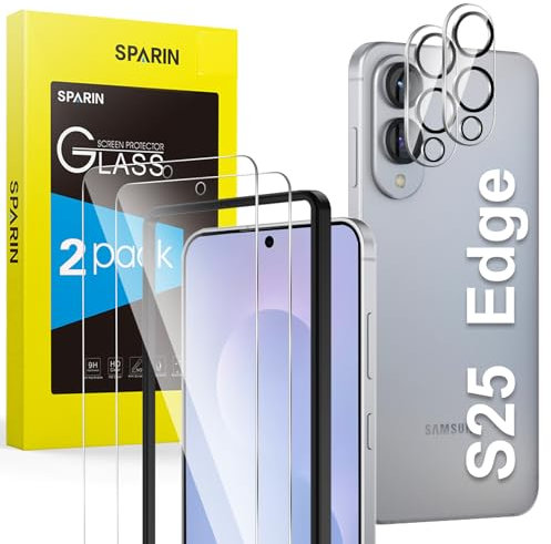 SPARIN Screen Protector for Samsung Galaxy S25 Edge, 3 Tempered Glass Screen Protector with 2 Camera Lens Protector, Fingerprint ID Compatible, Installation Alignment Frame Included