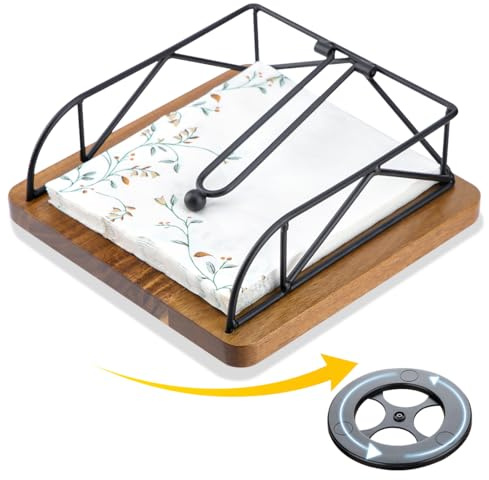 HALE OTEIR Serviettenhalter Metall Holz - 360° Drehbarer Napkin Holder aus Metall und Akazienholz, Rustikaler Serviettenständer für Küche oder Esstisch, Serviettenhalter Holz-Sockel & Eisenrahmen