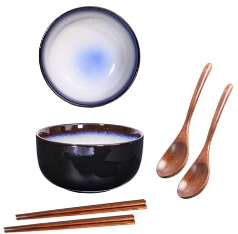 Lot de 2 bols japonais à ramen en céramique de 1 080 ml - Bol Pho avec cuillère et baguettes, convient comme bol à céréales, dessert et bol à riz (bleu œil de chat)