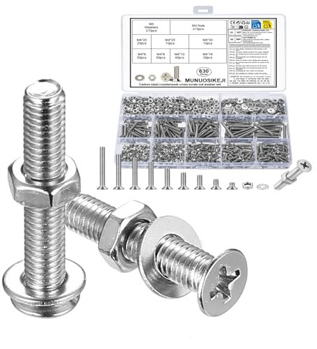 M4 Schrauben Set, 630 Stk Senkkopfschrauben Muttern Set, Flachkopfschrauben und Muttern Set, Kreuzschlitz Maschinenschrauben Sortiment, Gewindeschrauben Set mit Unterlegscheiben Set(Silber, M4)