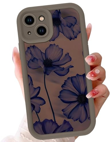 Phoona Case for iPhone 14 6.1, Cute Aesthetic Design Blue Flower Preppy Pattern, Silicone Soft TPU Shockproof Protective Camera Cover Phone Case for Girls Women, Brown