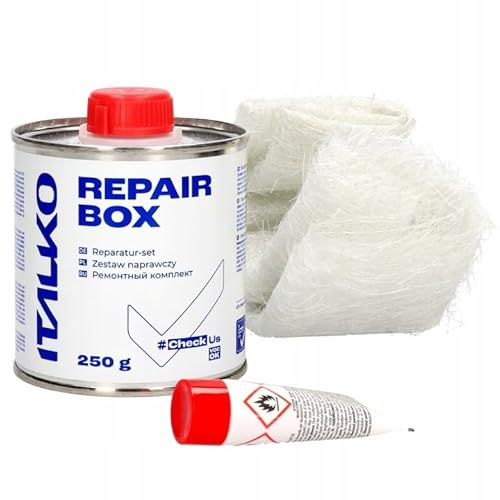 ITALKO Reparaturset Polyesterharz Glasfasermatte Härter Set 250g Karosseriereparatur Autolaminat Kunststoff Metall GFK KFZ Set Spachtelmasse Rost Boot Wohnwagen Harzreparatur