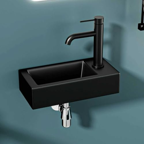 DILECI – Vasque Lave-Mains Compacte Noire Mate Sortie Gauche 36,5x18x9 cm – Lavabo Rectangulaire en Céramique – Idéal Toilettes, Petites Salles d’Eau et Coins Exigus – Design Moderne Élégant