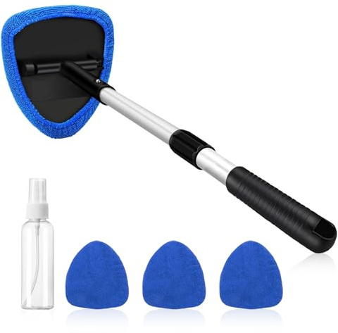 Car Window Cleaner - Telescopic Windscreen Cleaner Tool with 4 Reusable Microfiber Pads, Auto Inside Glass Wiper Kit